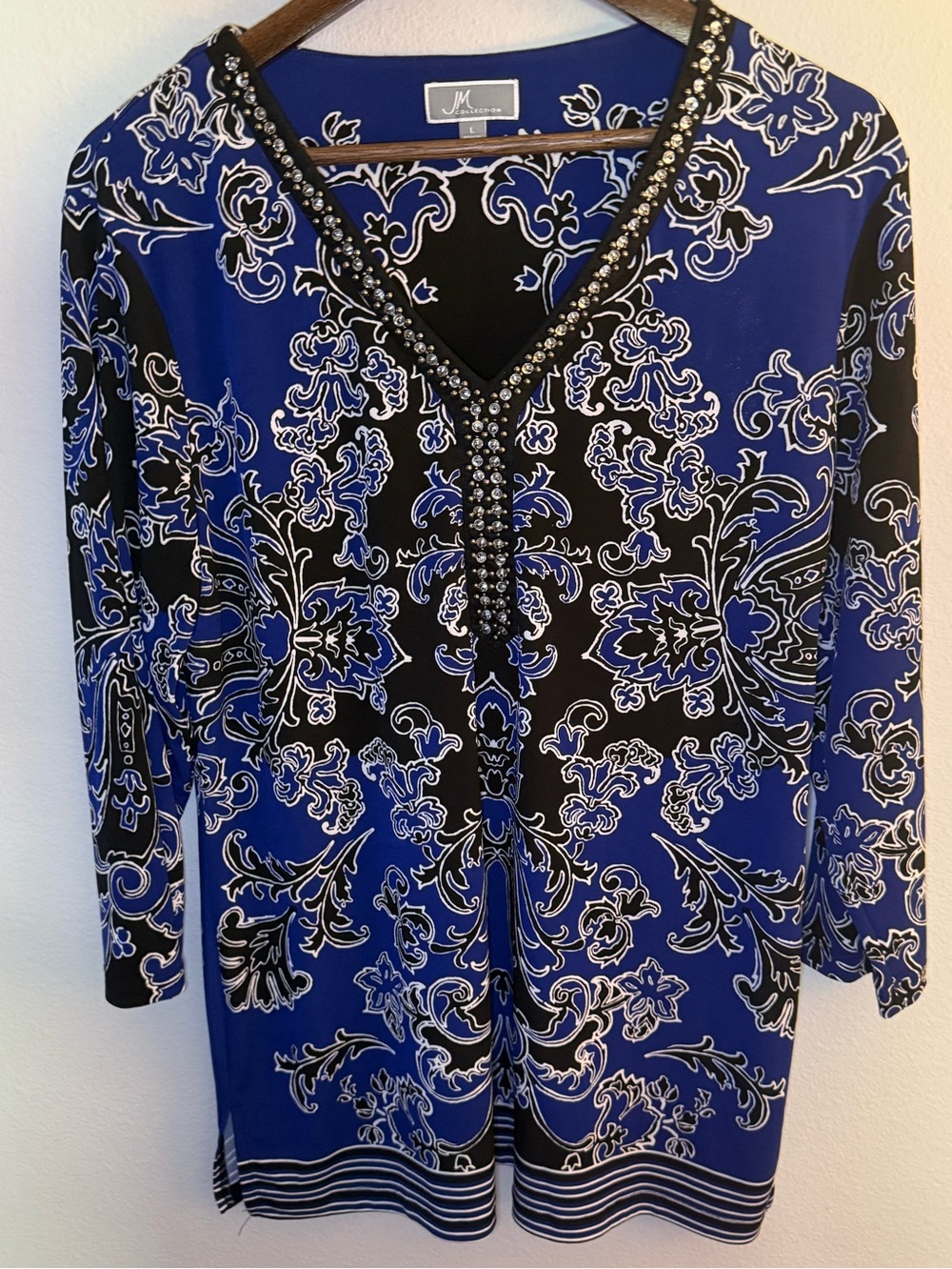 JM Collection Blue and Black Beaded V-Neck Tunic